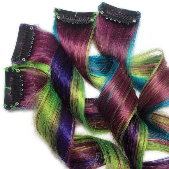 100% Real Human Hair Extensions Clip in Colored Hairstyles Green Aqua Purple